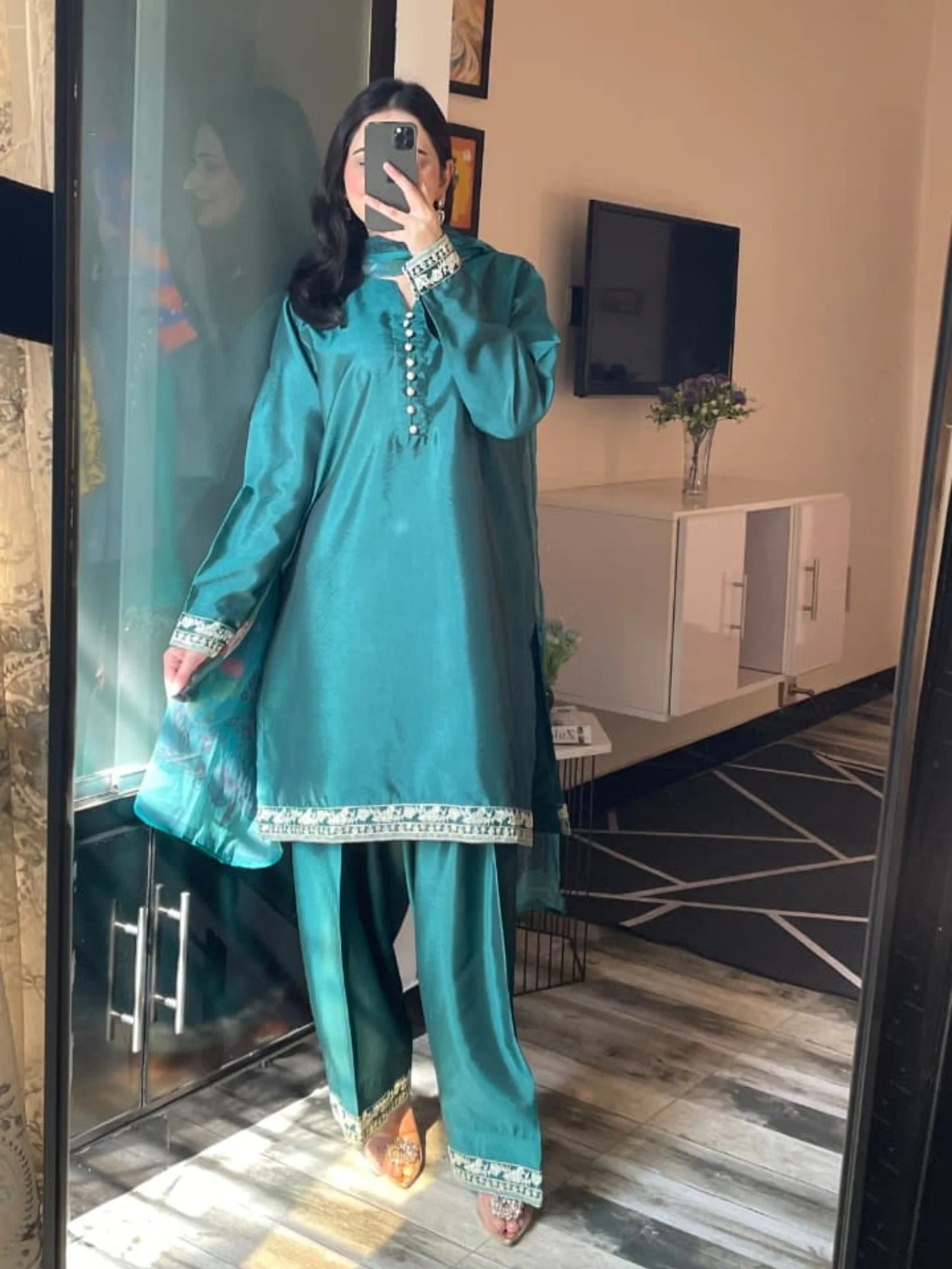 Green Silai Libas Silk Embroidered Stitched 2-Piece Suit-Anaya