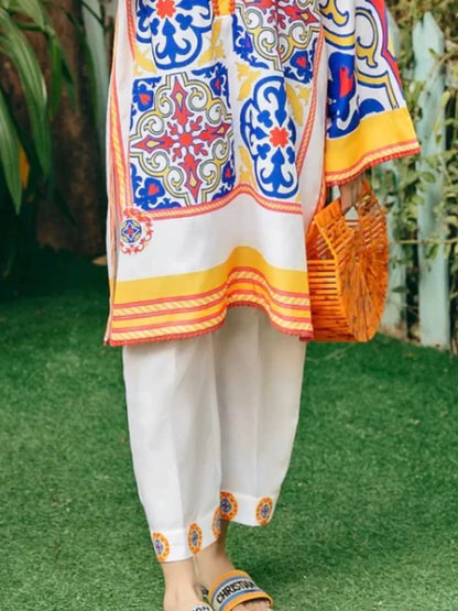 Cream Multi Silai Libas Silk Printed Co-ord Set-Sumaira