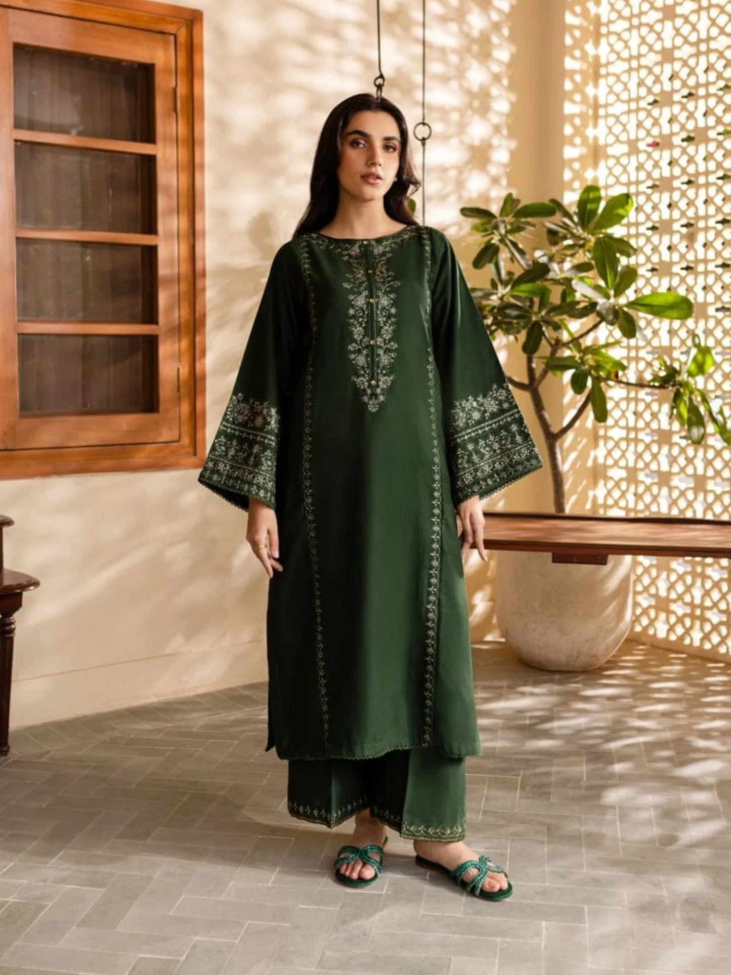 Green Silai Libas Linen Embroidered Stitched 2-Piece Suit-Green Lite