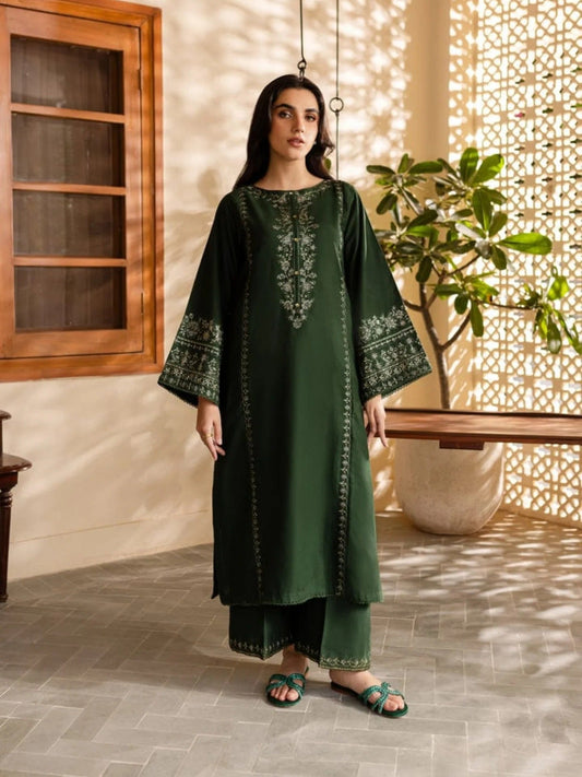 Green Silai Libas Linen Embroidered Stitched 2-Piece Suit-Green Lite