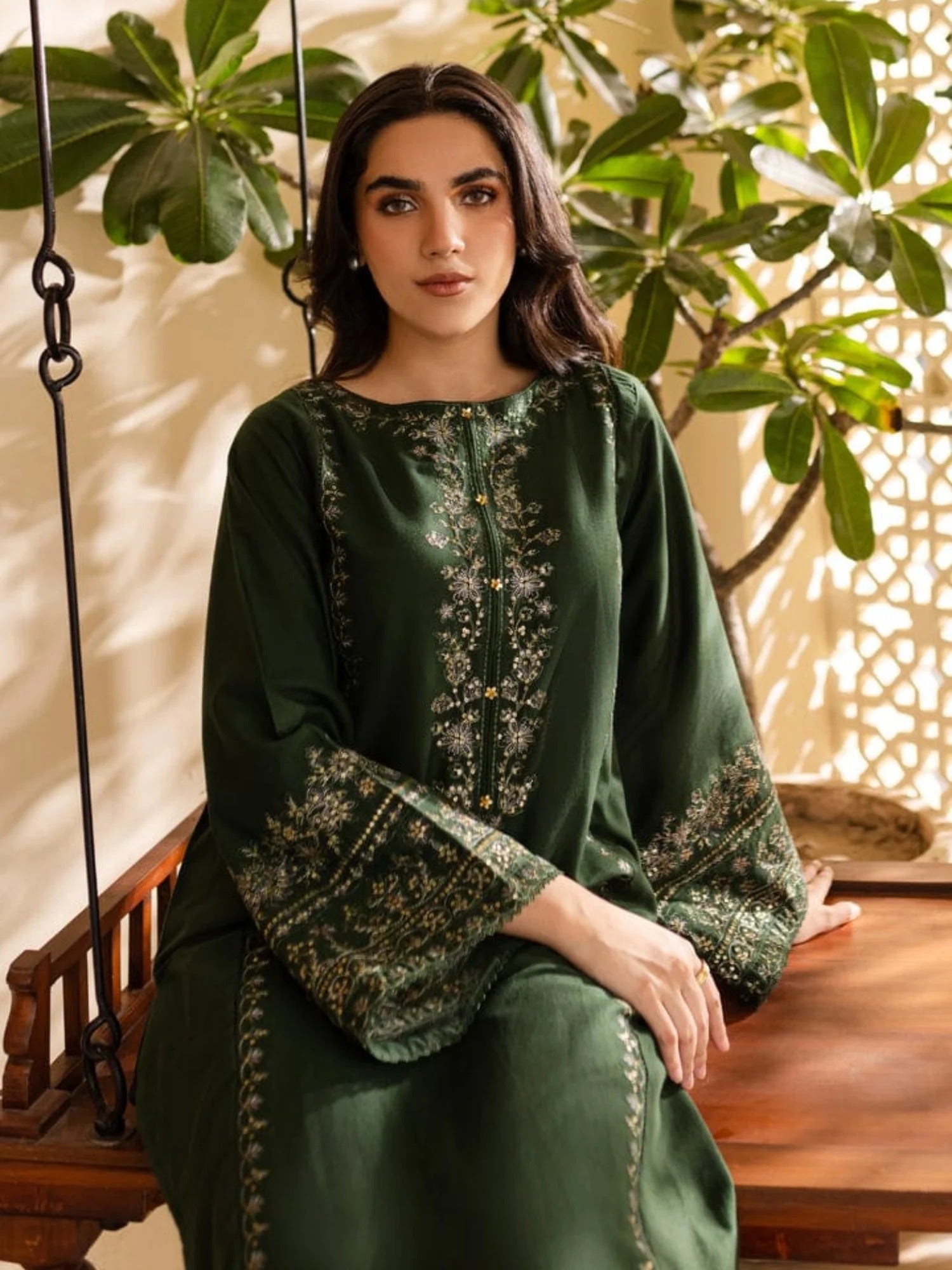 Green Silai Libas Linen Embroidered Stitched 2-Piece Suit-Green Lite
