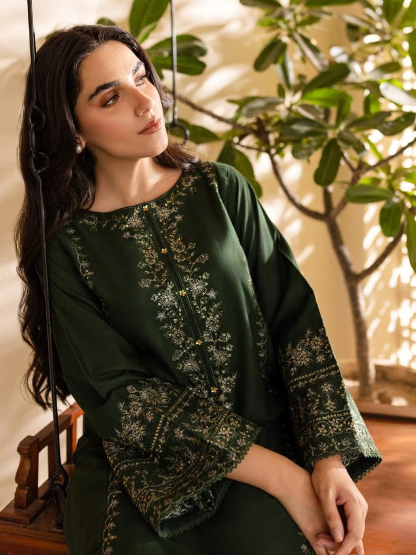 Green Silai Libas Linen Embroidered Stitched 2-Piece Suit-Green Lite