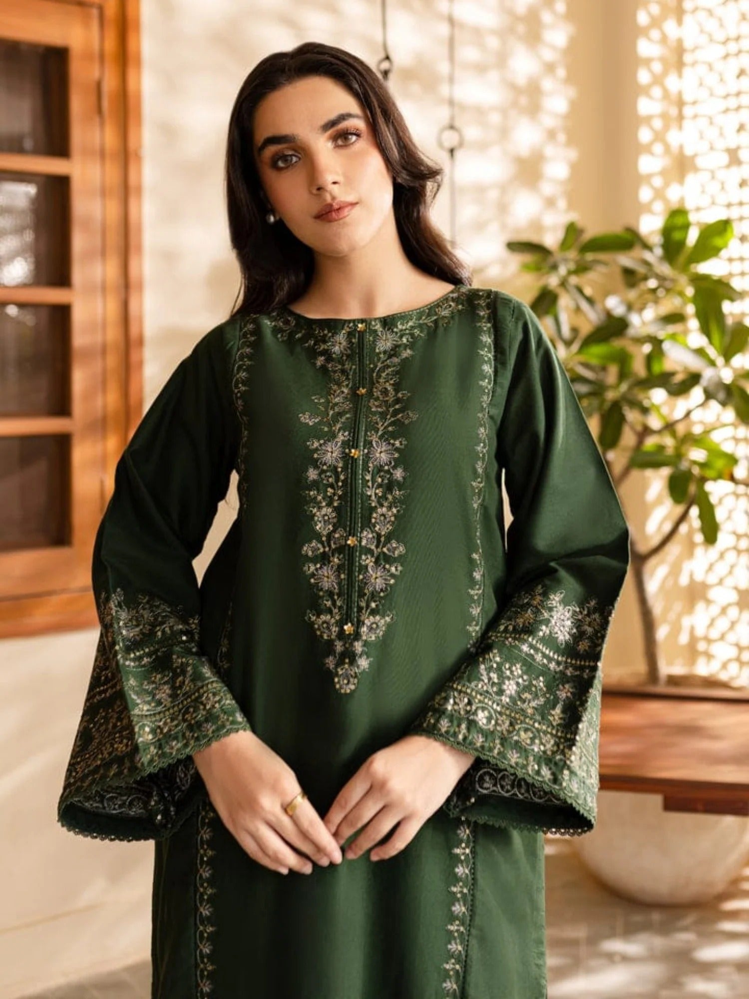 Green Silai Libas Linen Embroidered Stitched 2-Piece Suit-Green Lite