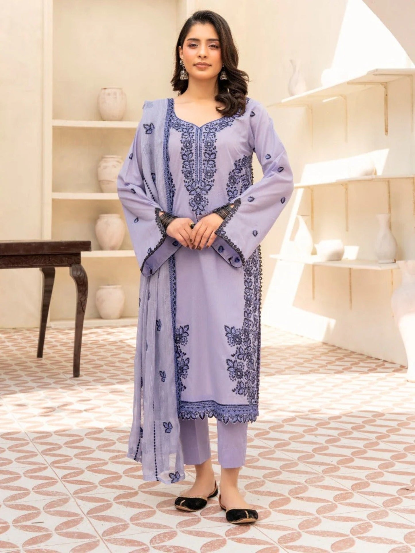 Lilac-Noori Lawn Embroidered Stitched 3-Piece Suit-LSL26102