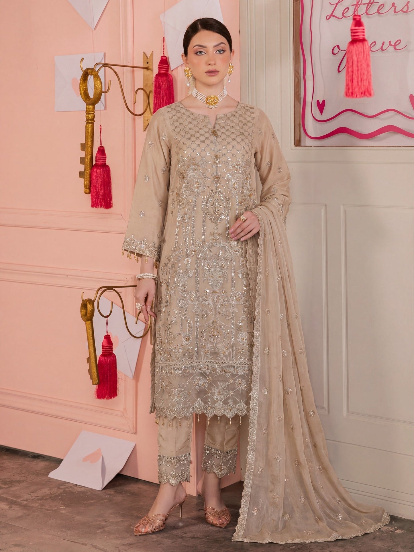 Gold-Noori Chiffon Embellished Stitched 3-Piece Suit-BSC26145 