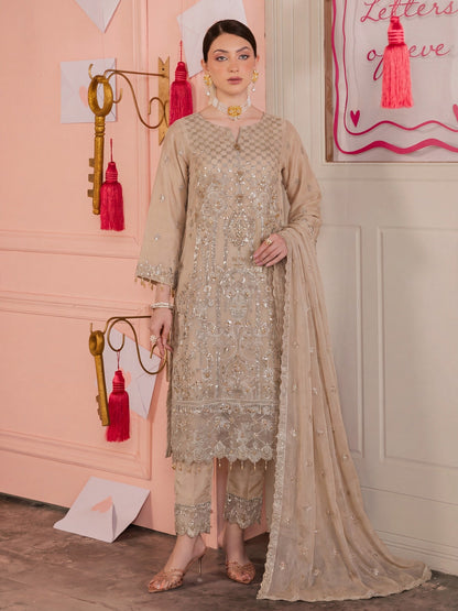 Gold-Noori Chiffon Embellished Stitched 3-Piece Suit-BSC26145 