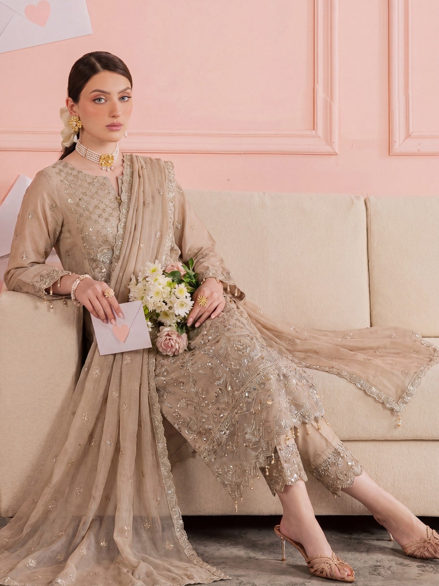 Gold-Noori Chiffon Embellished Stitched 3-Piece Suit-BSC26145 