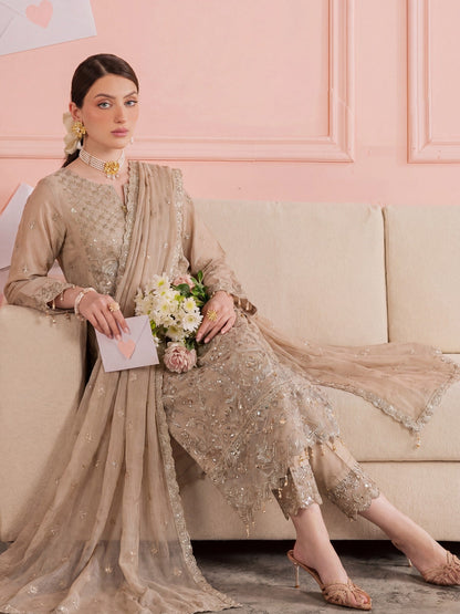 Gold-Noori Chiffon Embellished Stitched 3-Piece Suit-BSC26145 