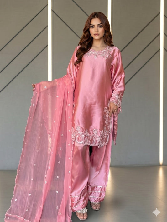 Savarna Silk Peach Embroidered Stitched 3-Piece Suit