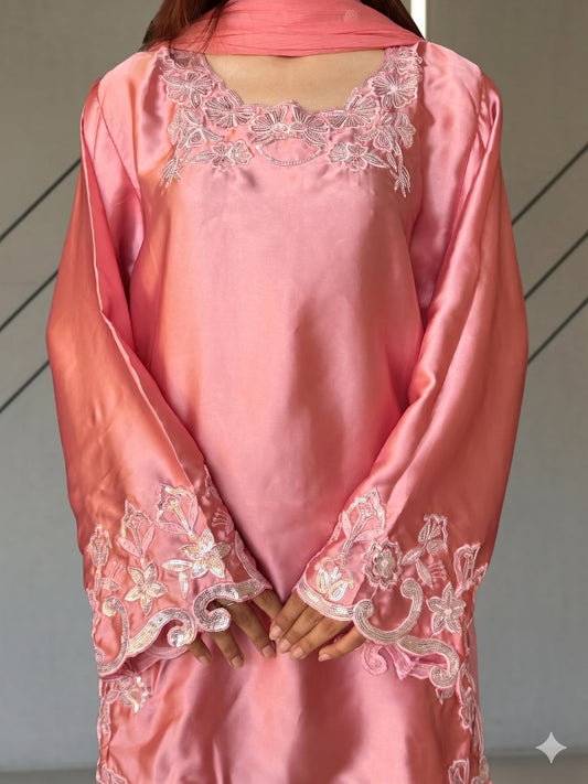Savarna Silk Peach Embroidered Stitched 3-Piece Suit