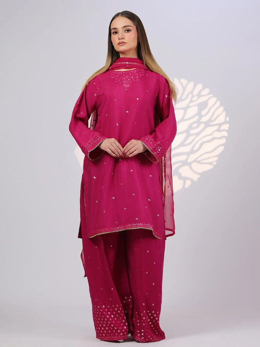 Pink MAK Fashion Noor Luxe Raw Silk Embroidered Stitched 3-Piece Suit-Fuchsia Flare