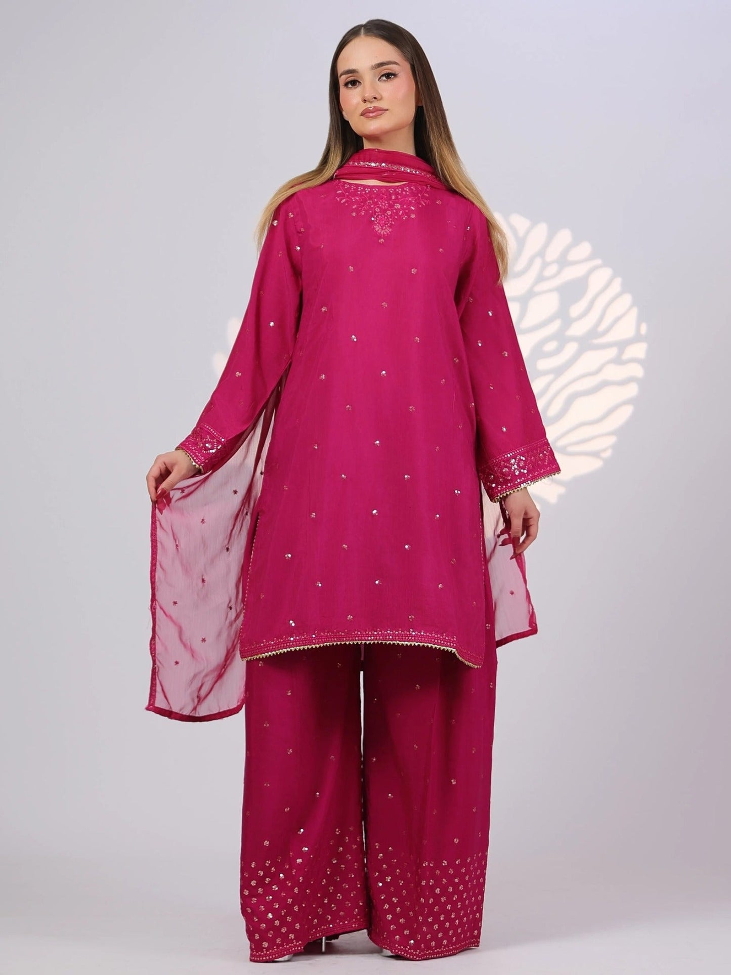 Pink MAK Fashion Noor Luxe Raw Silk Embroidered Stitched 3-Piece Suit-Fuchsia Flare