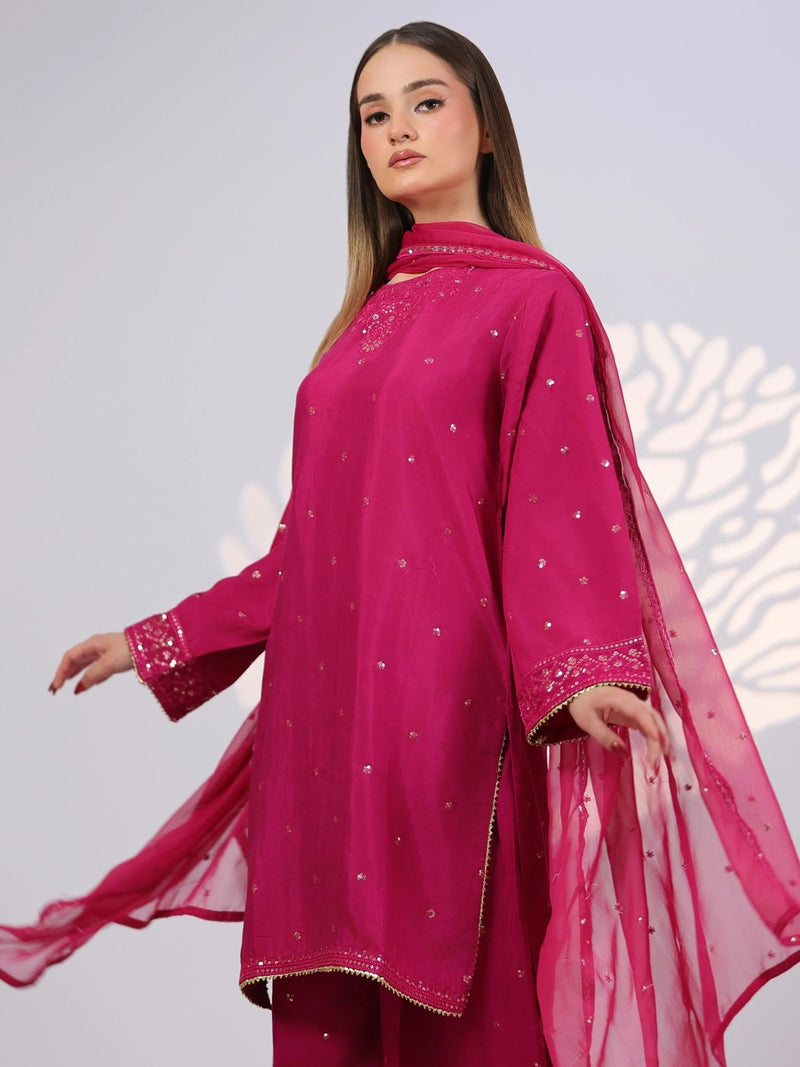 Pink MAK Fashion Noor Luxe Raw Silk Embroidered Stitched 3 Piece Suit Fuchsia Flare