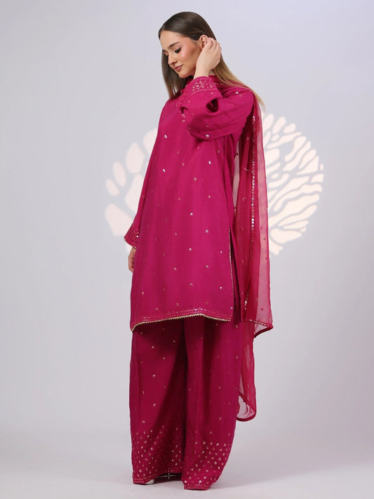 Pink MAK Fashion Noor Luxe Raw Silk Embroidered Stitched 3-Piece Suit-Fuchsia Flare