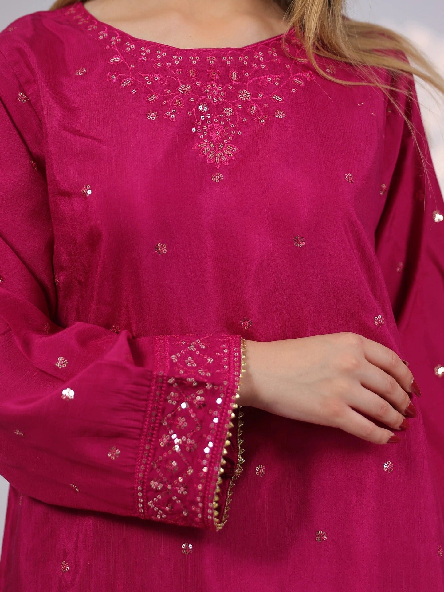Pink MAK Fashion Noor Luxe Raw Silk Embroidered Stitched 3-Piece Suit-Fuchsia Flare