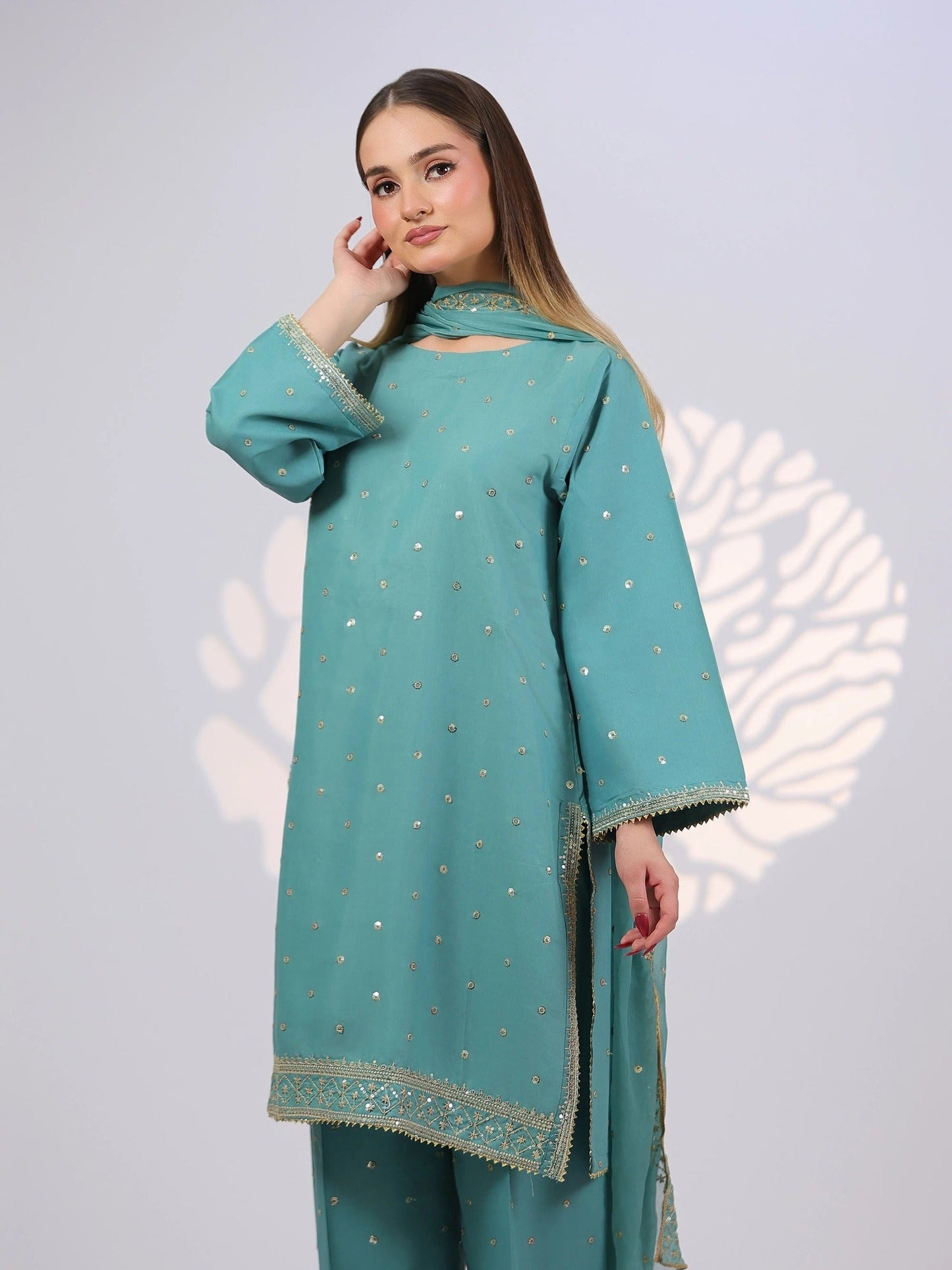Blue MAK Fashion Noor Luxe Raw Silk Embroidered Stitched 3-Piece Suit-Pastel Drop