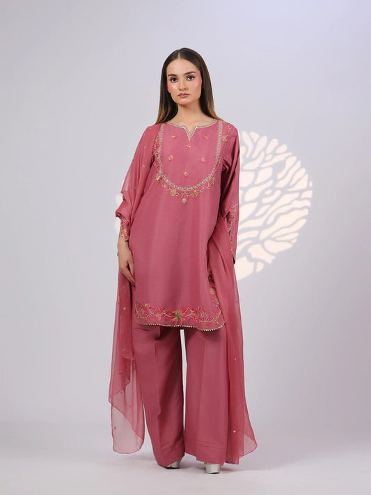 Pink MAK Fashion Noor Luxe Raw Silk Embroidered Stitched 3-Piece Suit-Dusty Rose