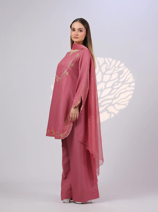 Pink MAK Fashion Noor Luxe Raw Silk Embroidered Stitched 3-Piece Suit-Dusty Rose