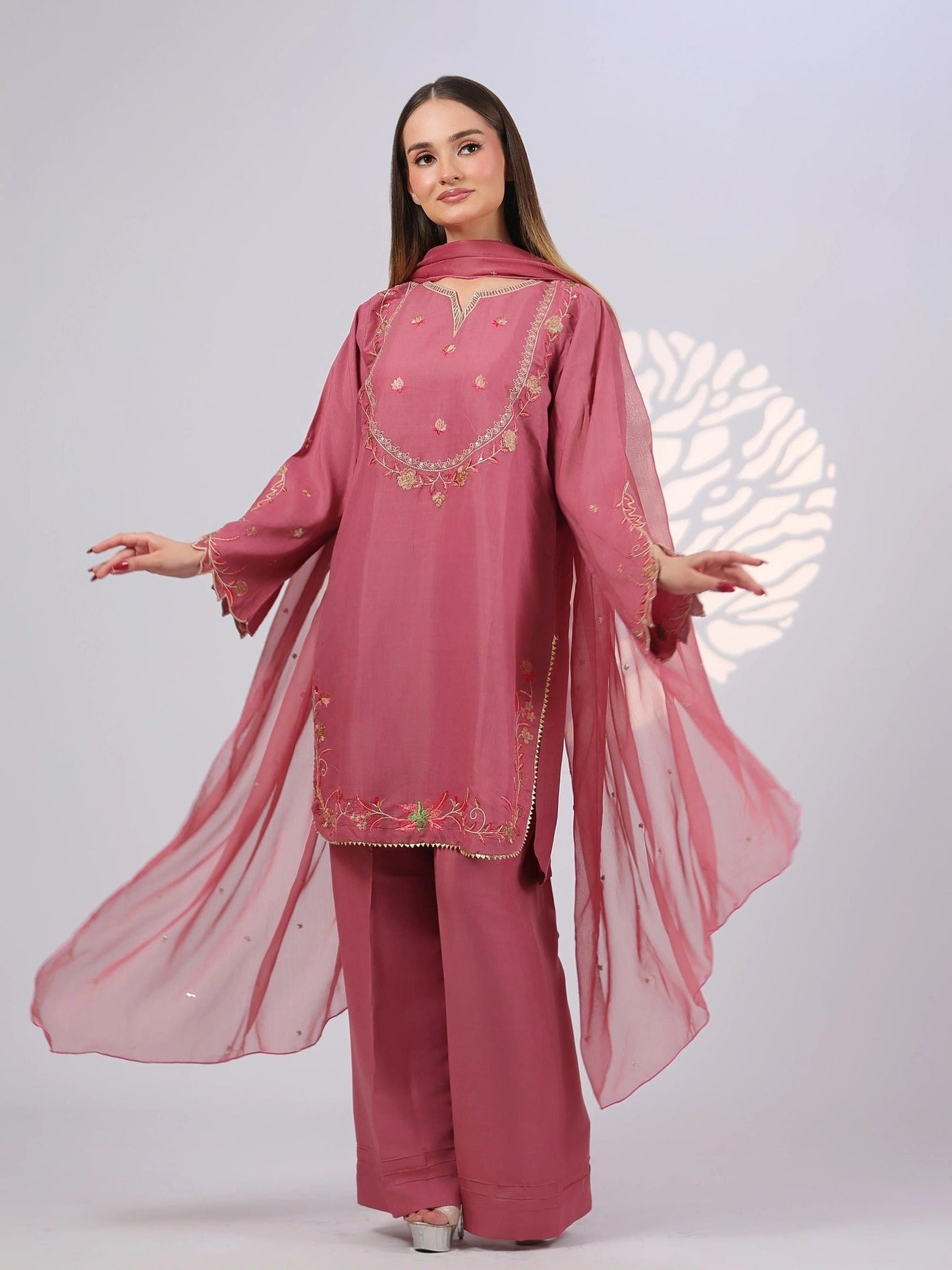 Pink MAK Fashion Noor Luxe Raw Silk Embroidered Stitched 3-Piece Suit-Dusty Rose