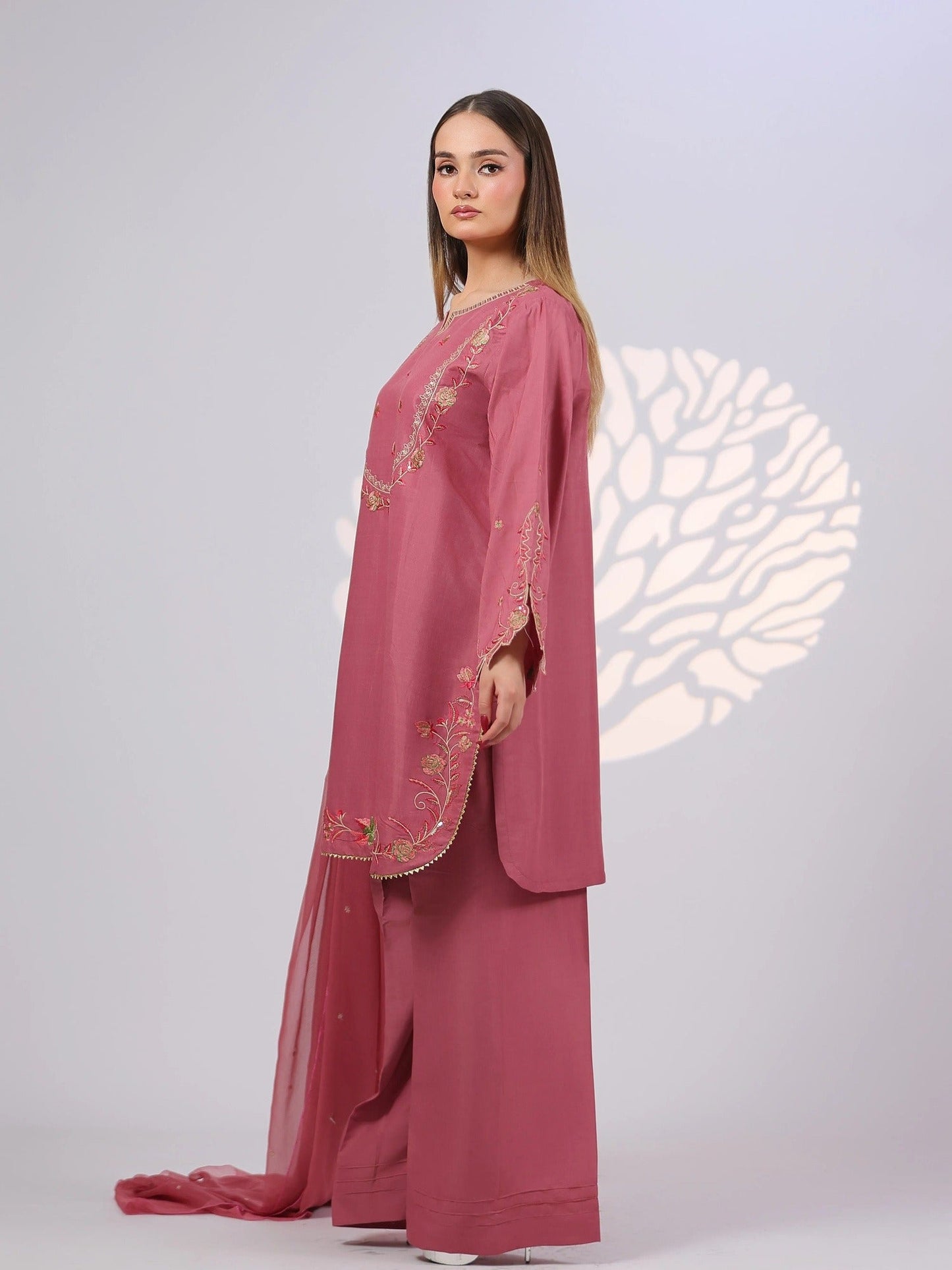 Pink MAK Fashion Noor Luxe Raw Silk Embroidered Stitched 3-Piece Suit-Dusty Rose