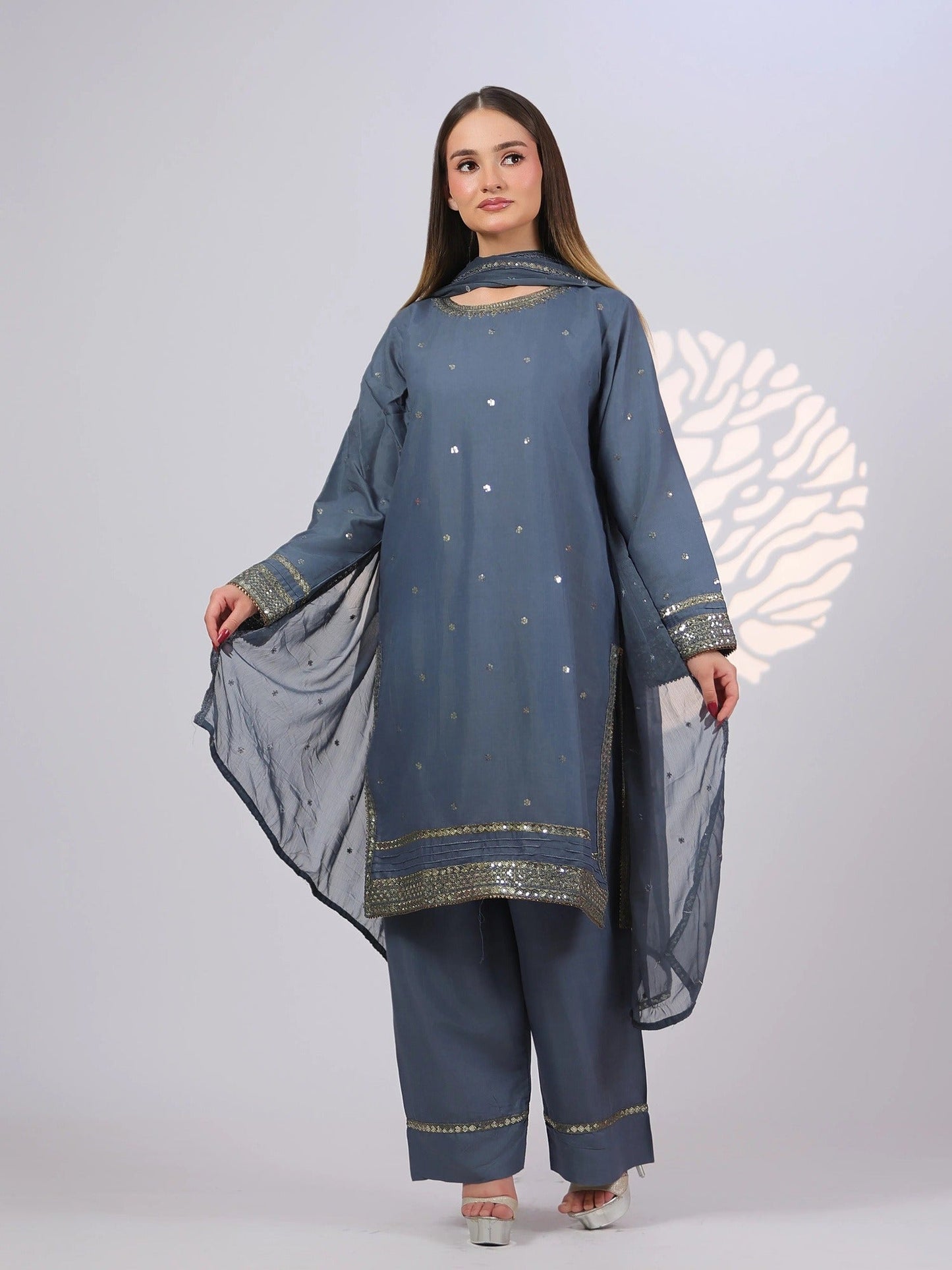 Grey MAK Fashion Noor Luxe Raw Silk Embroidered Stitched 3-Piece Suit-Steel Glam