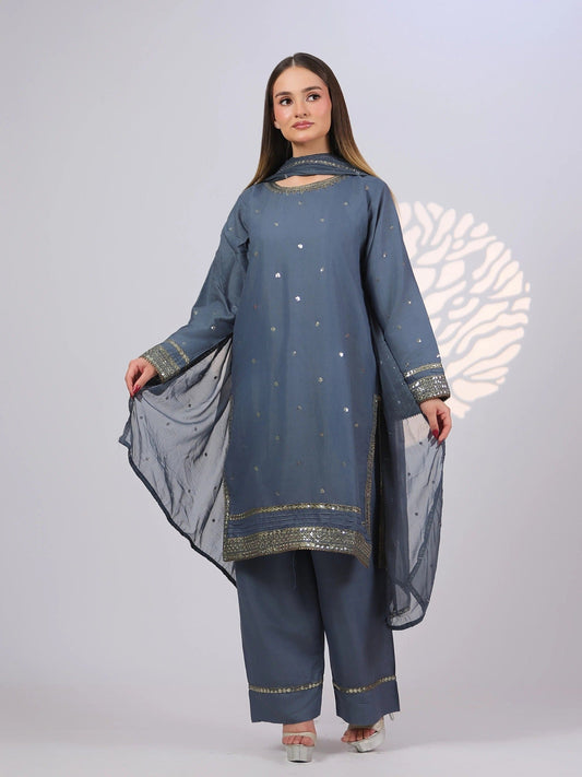 Grey MAK Fashion Noor Luxe Raw Silk Embroidered Stitched 3-Piece Suit-Steel Glam