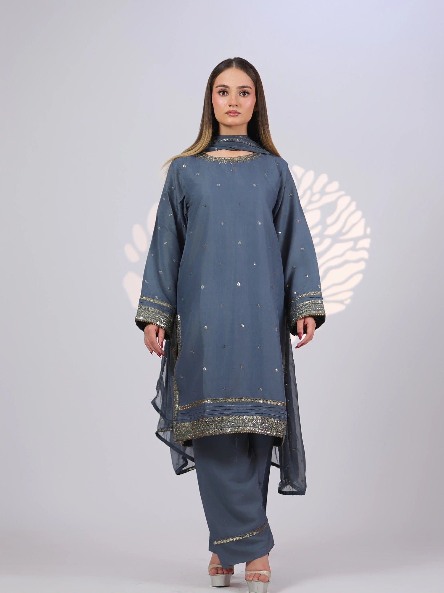 Grey MAK Fashion Noor Luxe Raw Silk Embroidered Stitched 3-Piece Suit-Steel Glam