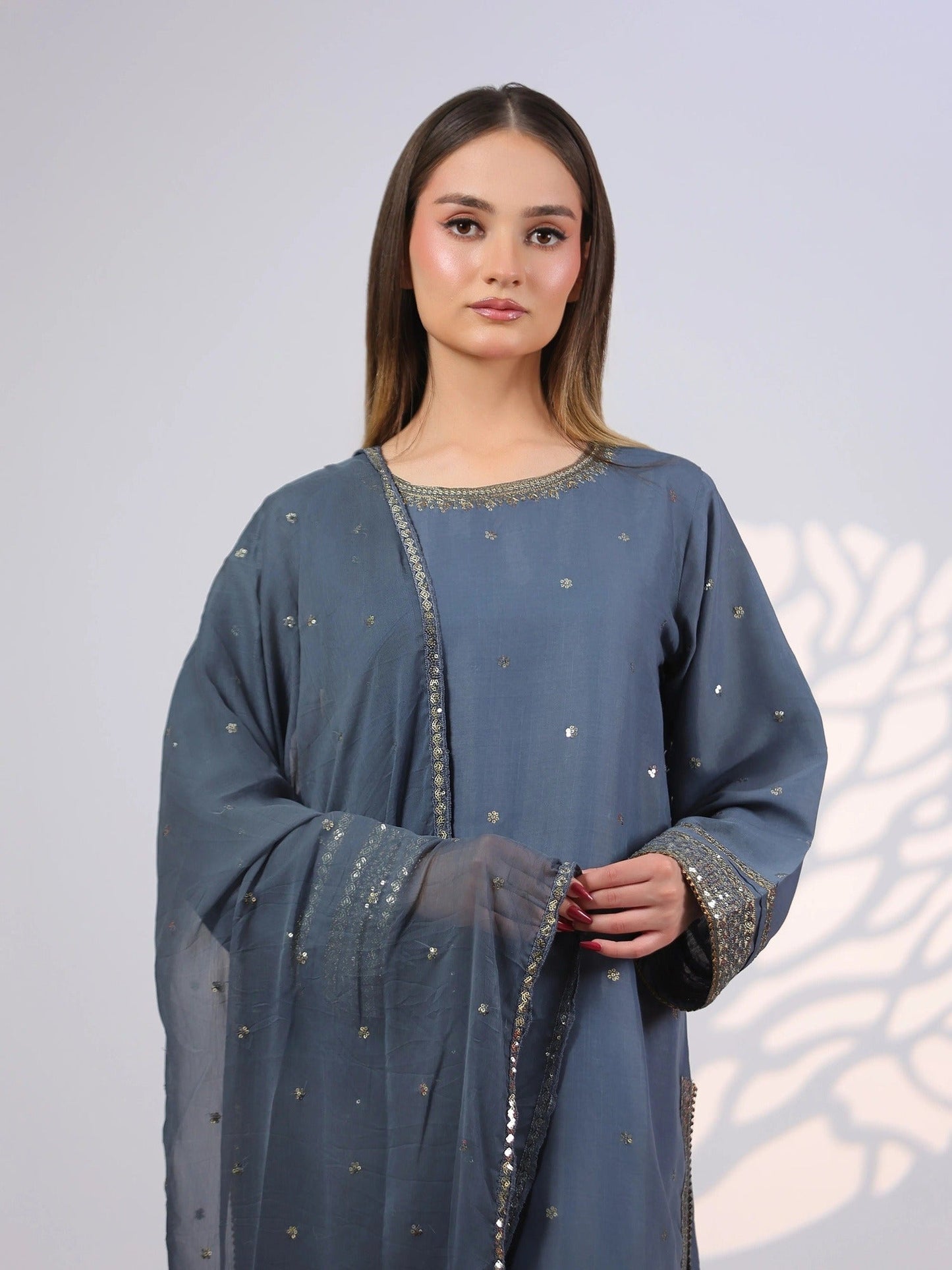 Grey MAK Fashion Noor Luxe Raw Silk Embroidered Stitched 3-Piece Suit-Steel Glam