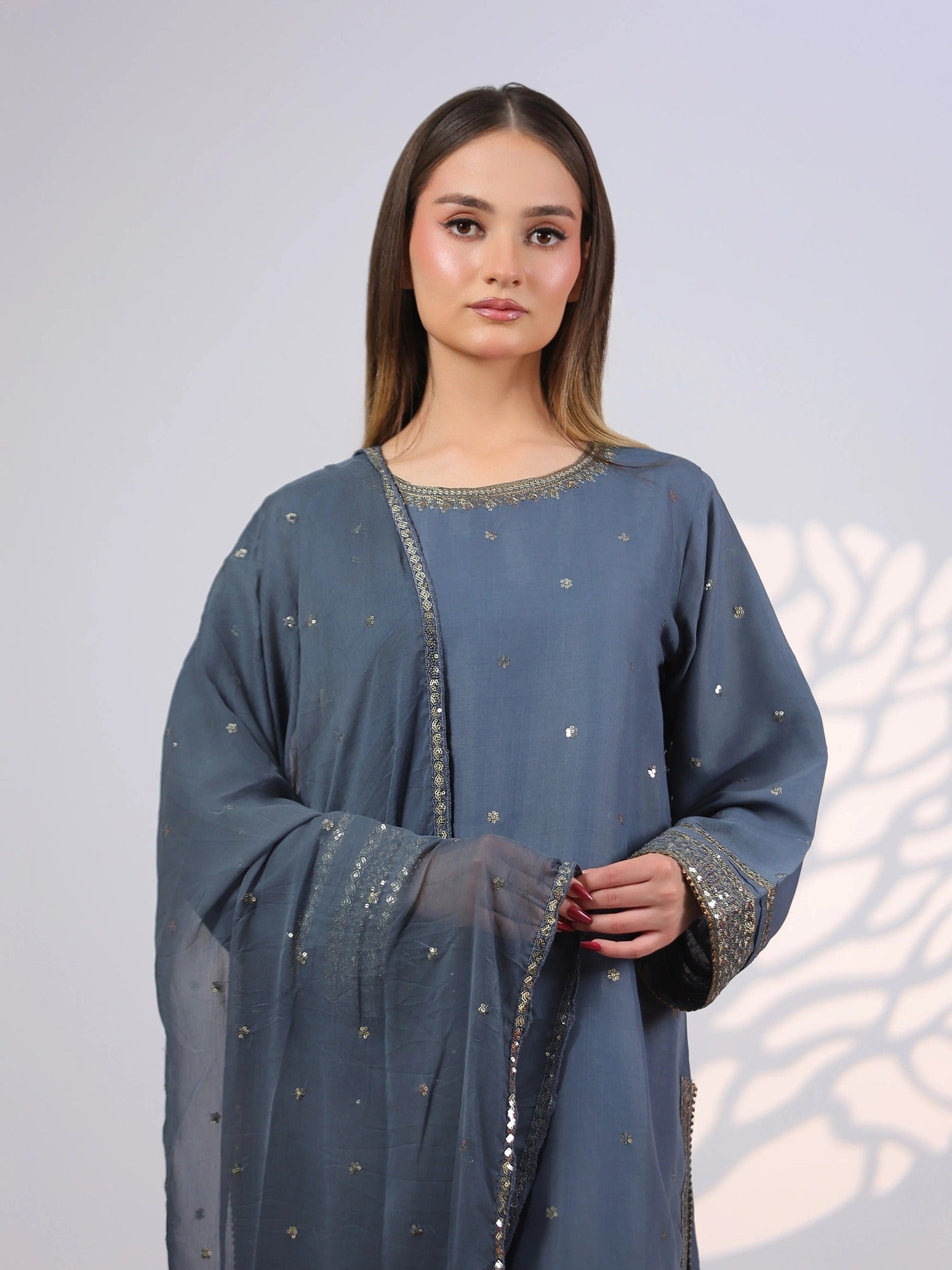 Grey MAK Fashion Noor Luxe Raw Silk Embroidered Stitched 3-Piece Suit-Steel Glam