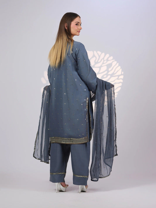Grey MAK Fashion Noor Luxe Raw Silk Embroidered Stitched 3-Piece Suit-Steel Glam