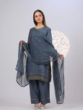 Grey MAK Fashion Noor Luxe Raw Silk Embroidered Stitched 3-Piece Suit-Steel Glam