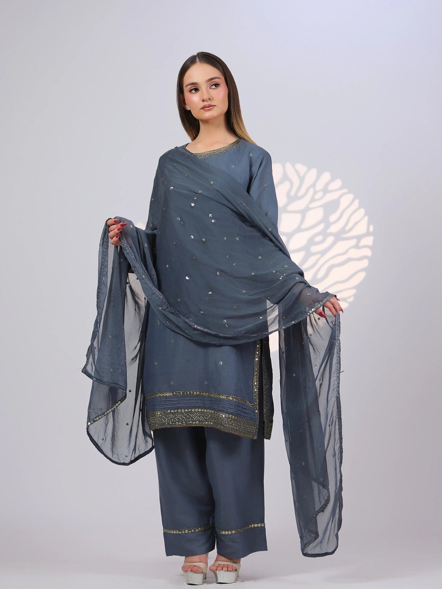 Grey MAK Fashion Noor Luxe Raw Silk Embroidered Stitched 3-Piece Suit-Steel Glam