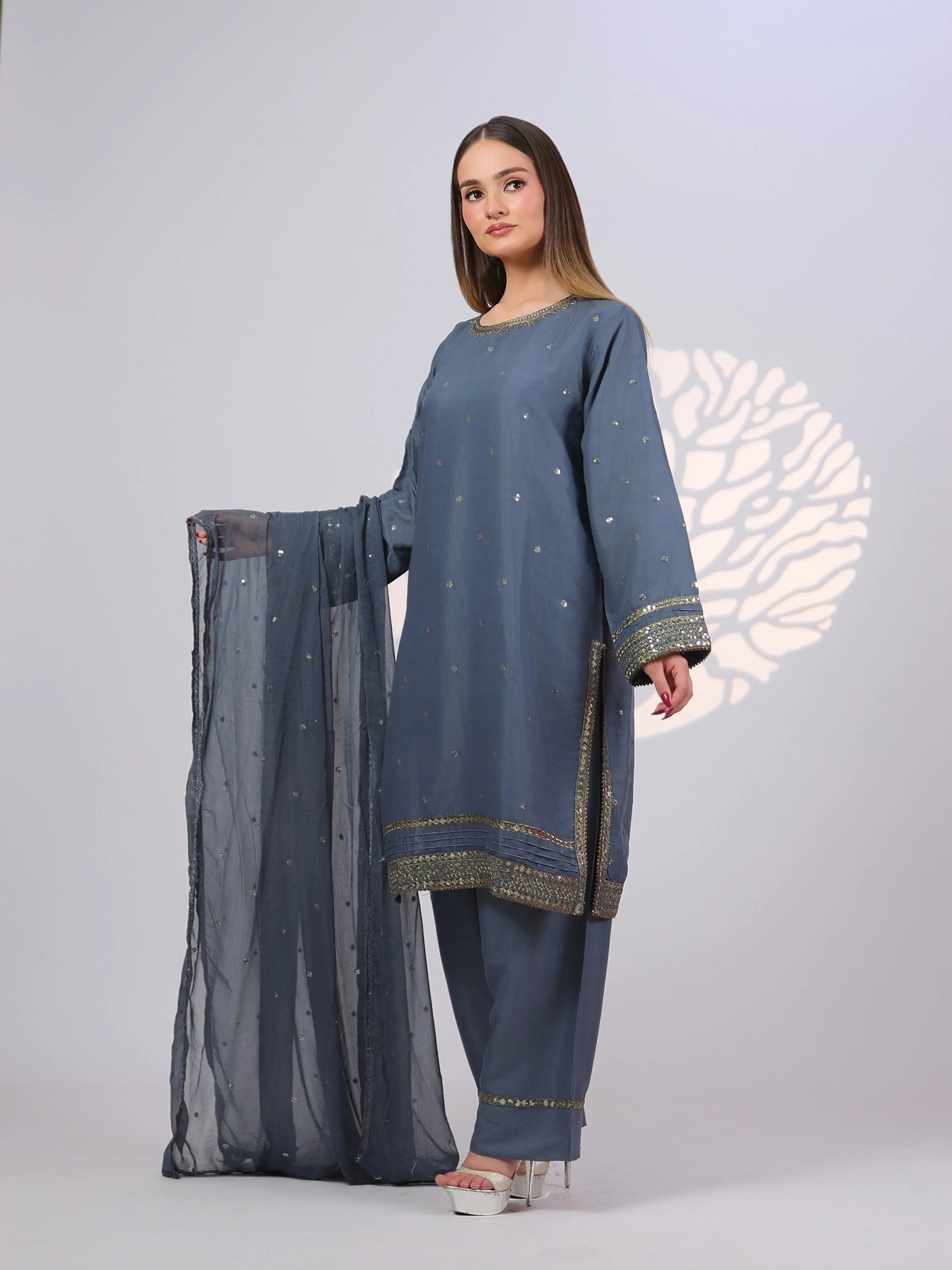 Grey MAK Fashion Noor Luxe Raw Silk Embroidered Stitched 3-Piece Suit-Steel Glam