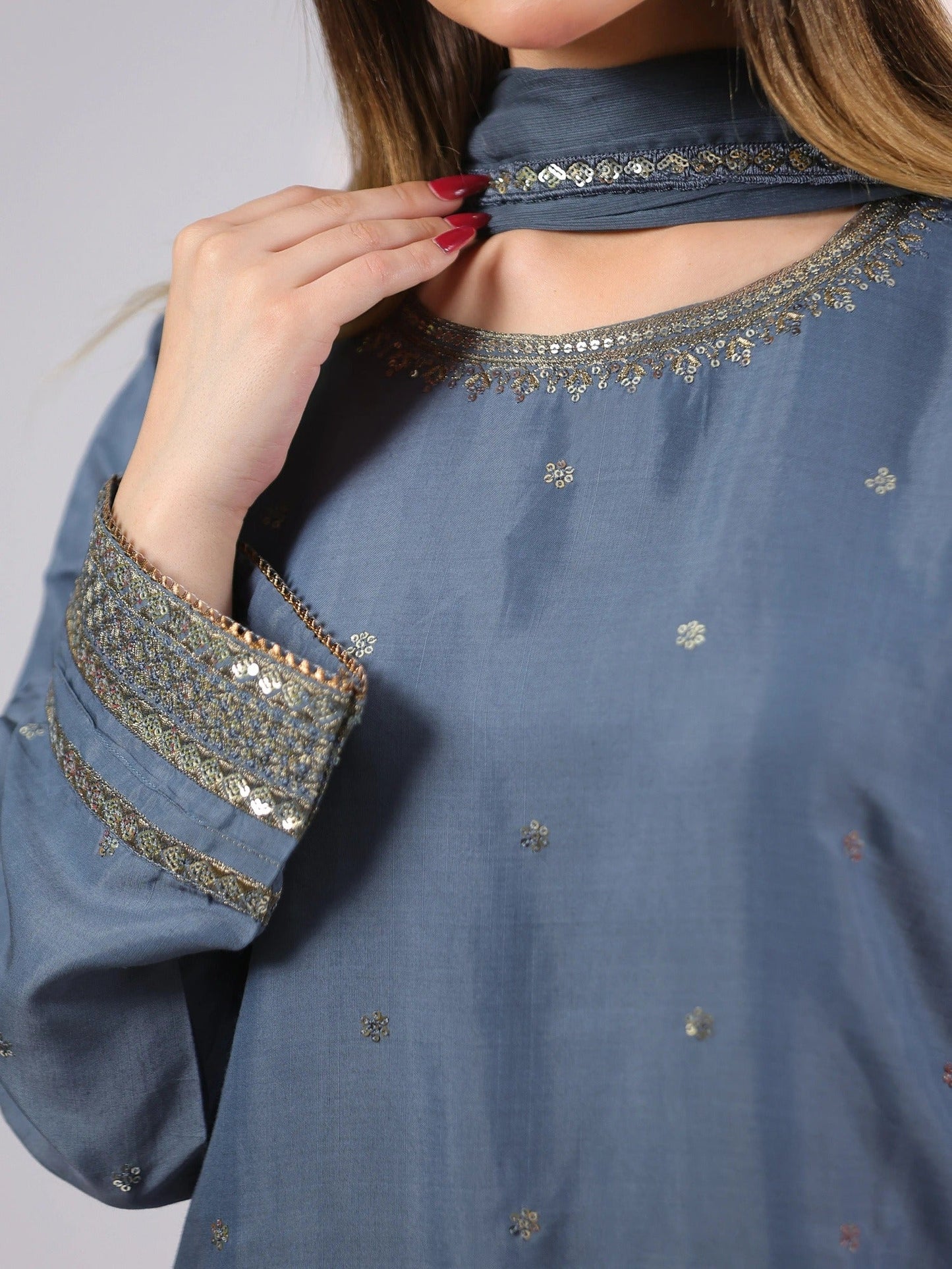Grey MAK Fashion Noor Luxe Raw Silk Embroidered Stitched 3-Piece Suit-Steel Glam