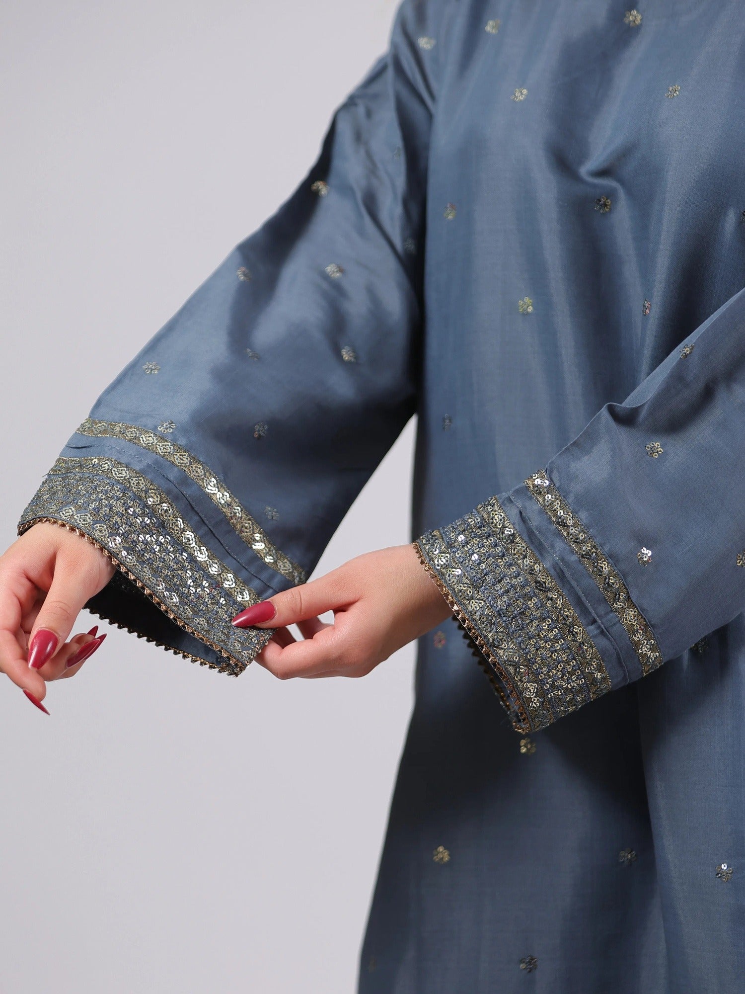 Grey MAK Fashion Noor Luxe Raw Silk Embroidered Stitched 3-Piece Suit-Steel Glam