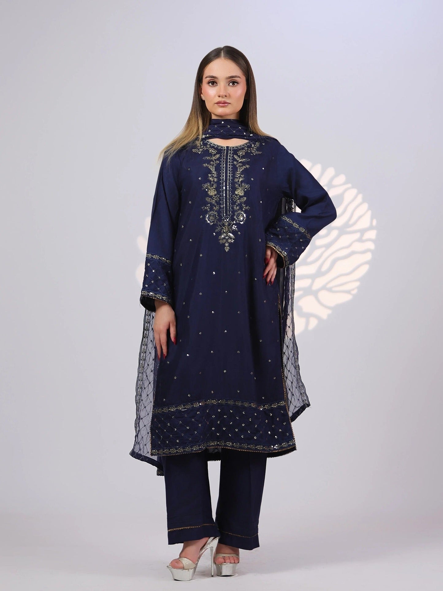 Blue MAK Fashion Noor Luxe Raw Silk Embroidered Stitched 3-Piece Suit-Imperial Midnight