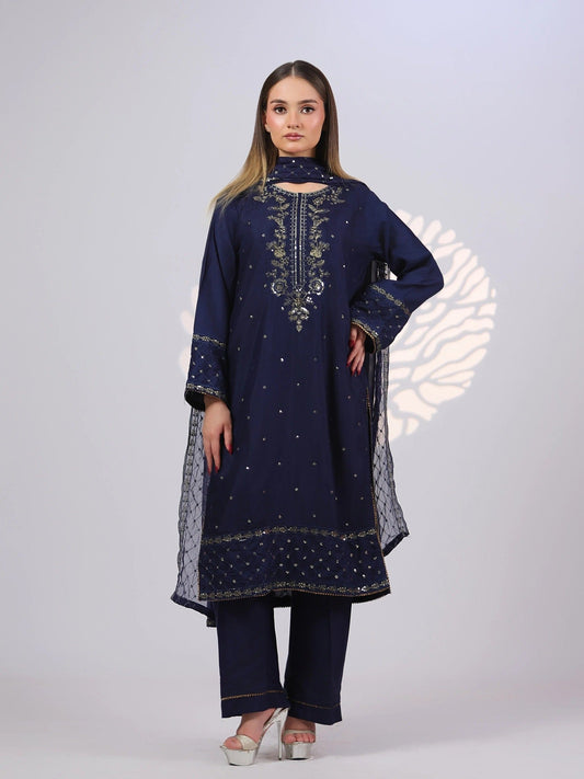 Blue MAK Fashion Noor Luxe Raw Silk Embroidered Stitched 3-Piece Suit-Imperial Midnight