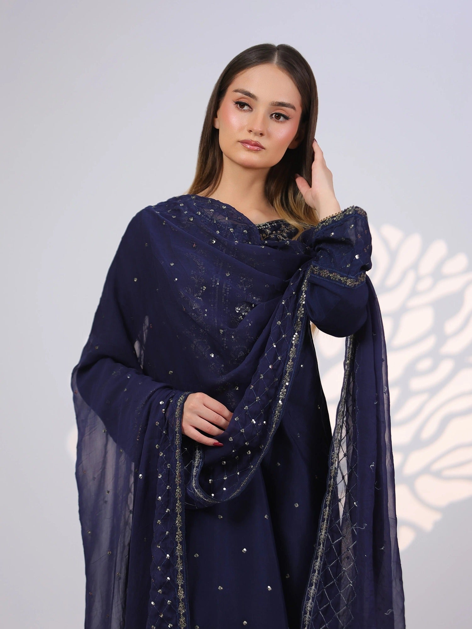 Blue MAK Fashion Noor Luxe Raw Silk Embroidered Stitched 3-Piece Suit-Imperial Midnight