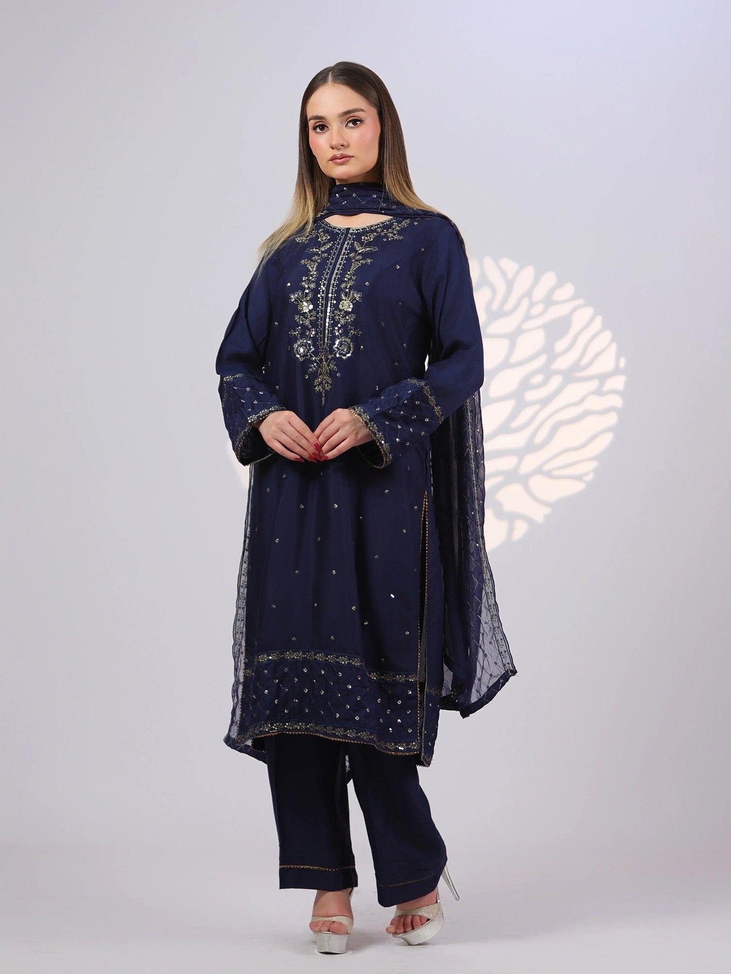 Blue MAK Fashion Noor Luxe Raw Silk Embroidered Stitched 3-Piece Suit-Imperial Midnight