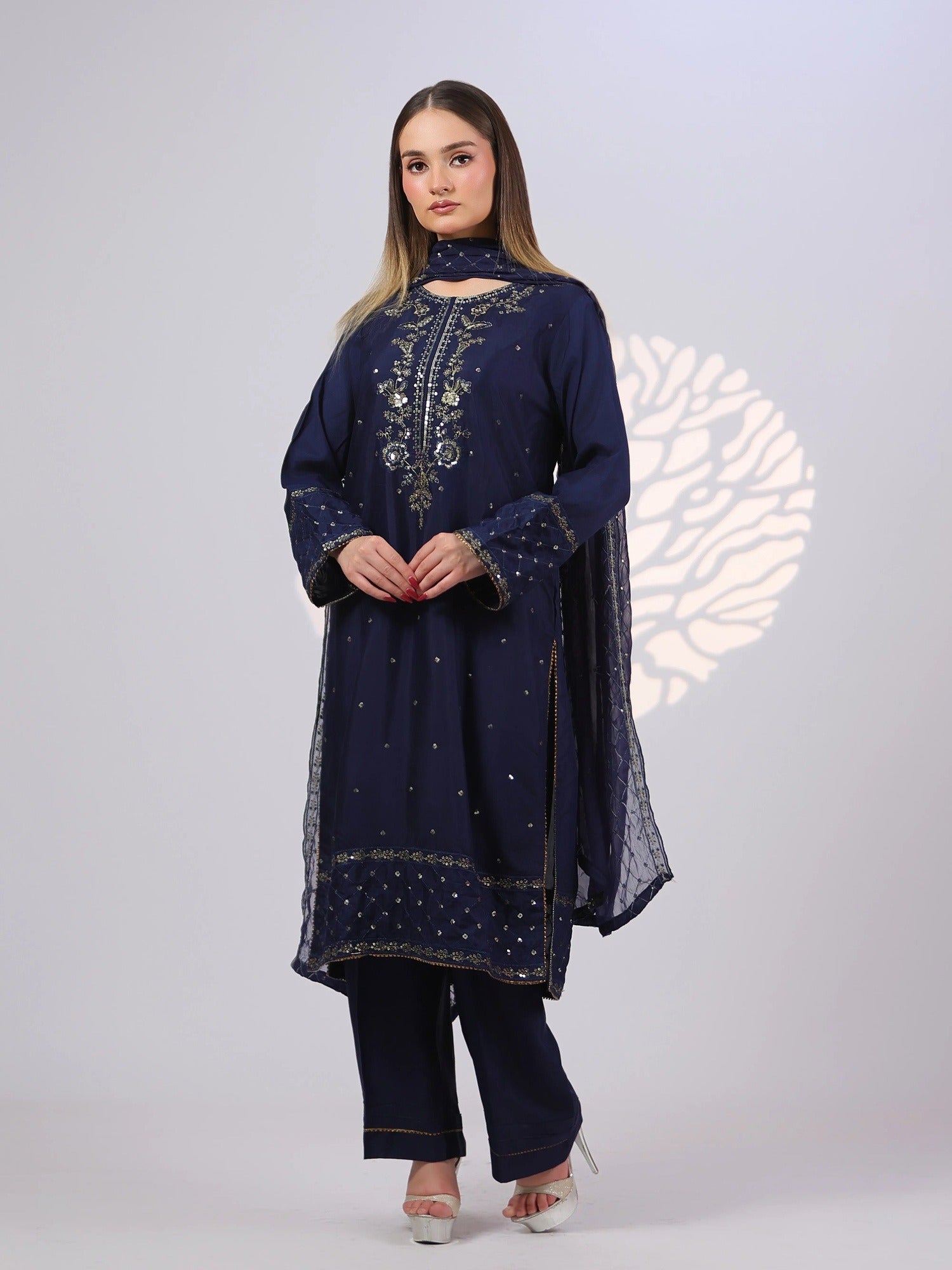 Blue MAK Fashion Noor Luxe Raw Silk Embroidered Stitched 3-Piece Suit-Imperial Midnight