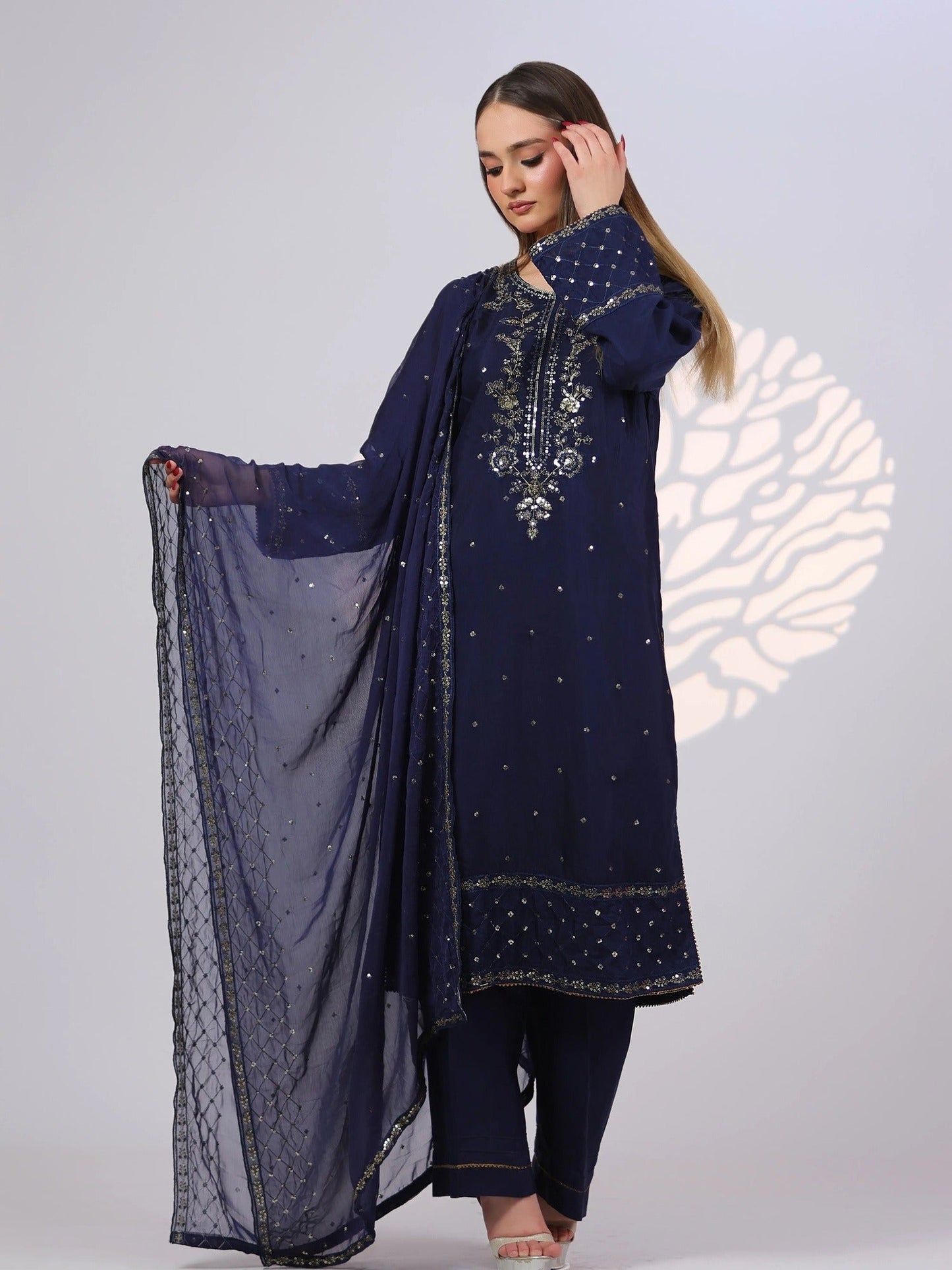 Blue MAK Fashion Noor Luxe Raw Silk Embroidered Stitched 3-Piece Suit-Imperial Midnight