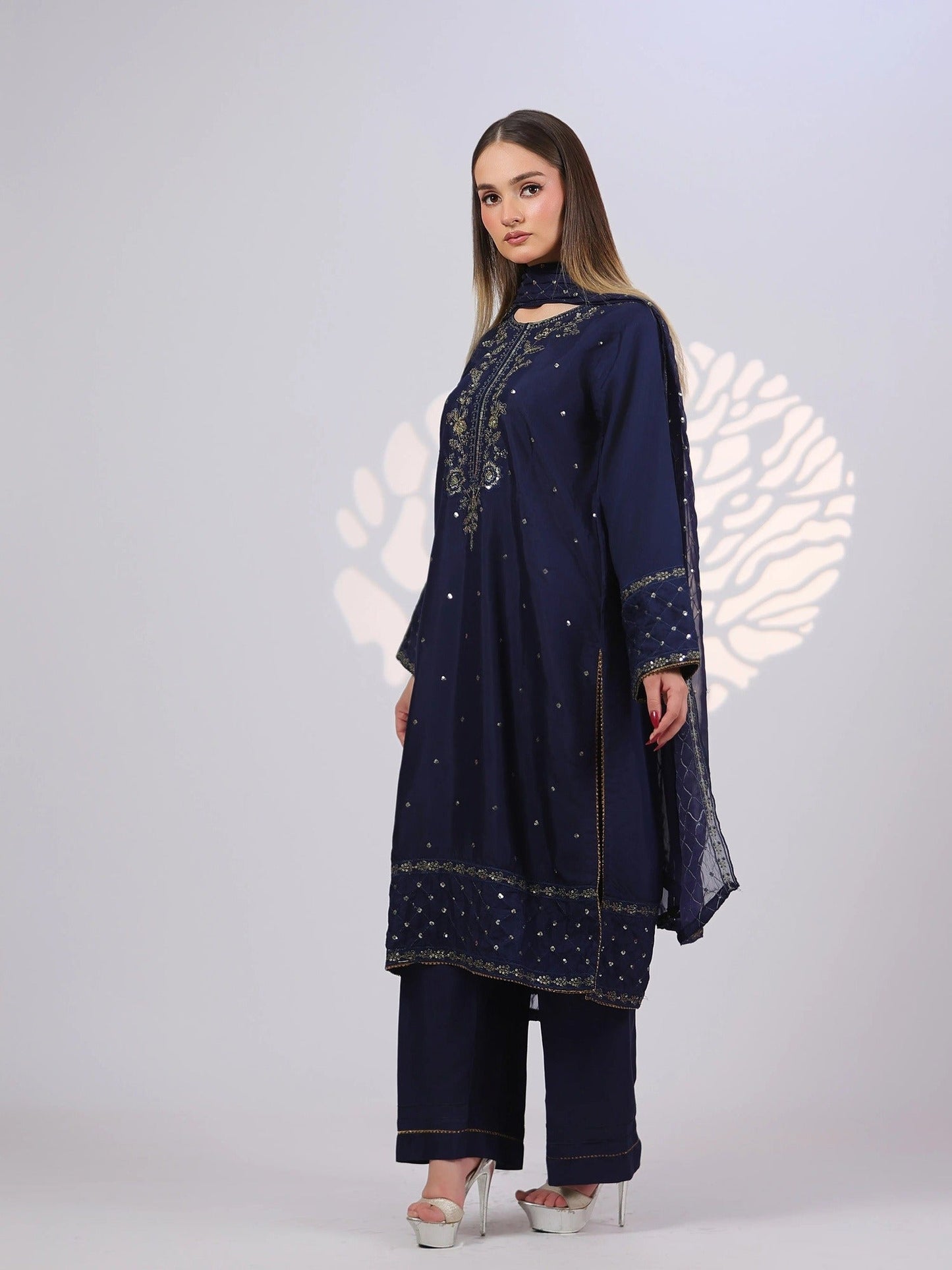 Blue MAK Fashion Noor Luxe Raw Silk Embroidered Stitched 3-Piece Suit-Imperial Midnight