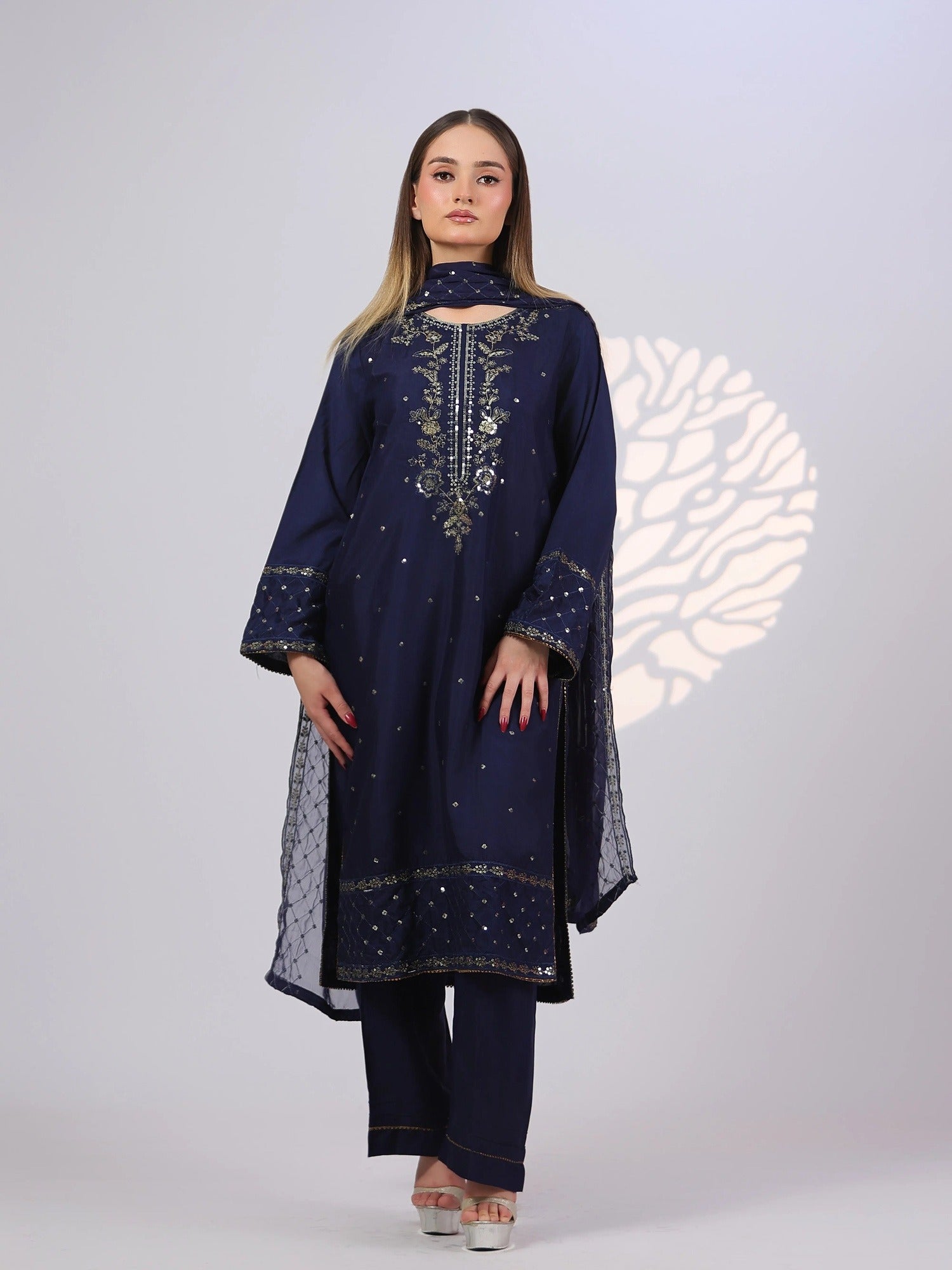 Blue MAK Fashion Noor Luxe Raw Silk Embroidered Stitched 3-Piece Suit-Imperial Midnight