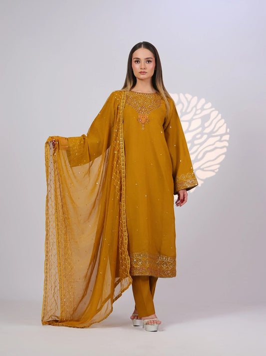 Yellow MAK Fashion Noor Luxe Raw Silk Embroidered Stitched 3-Piece Suit-Royal Mustard