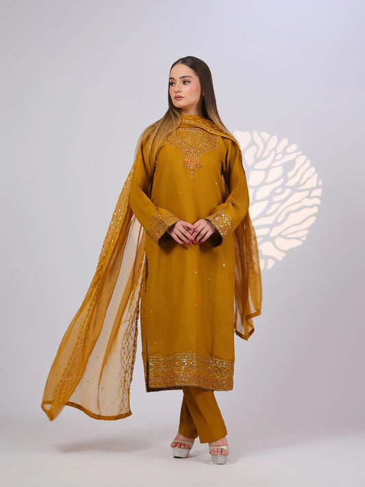 Yellow MAK Fashion Noor Luxe Raw Silk Embroidered Stitched 3-Piece Suit-Royal Mustard