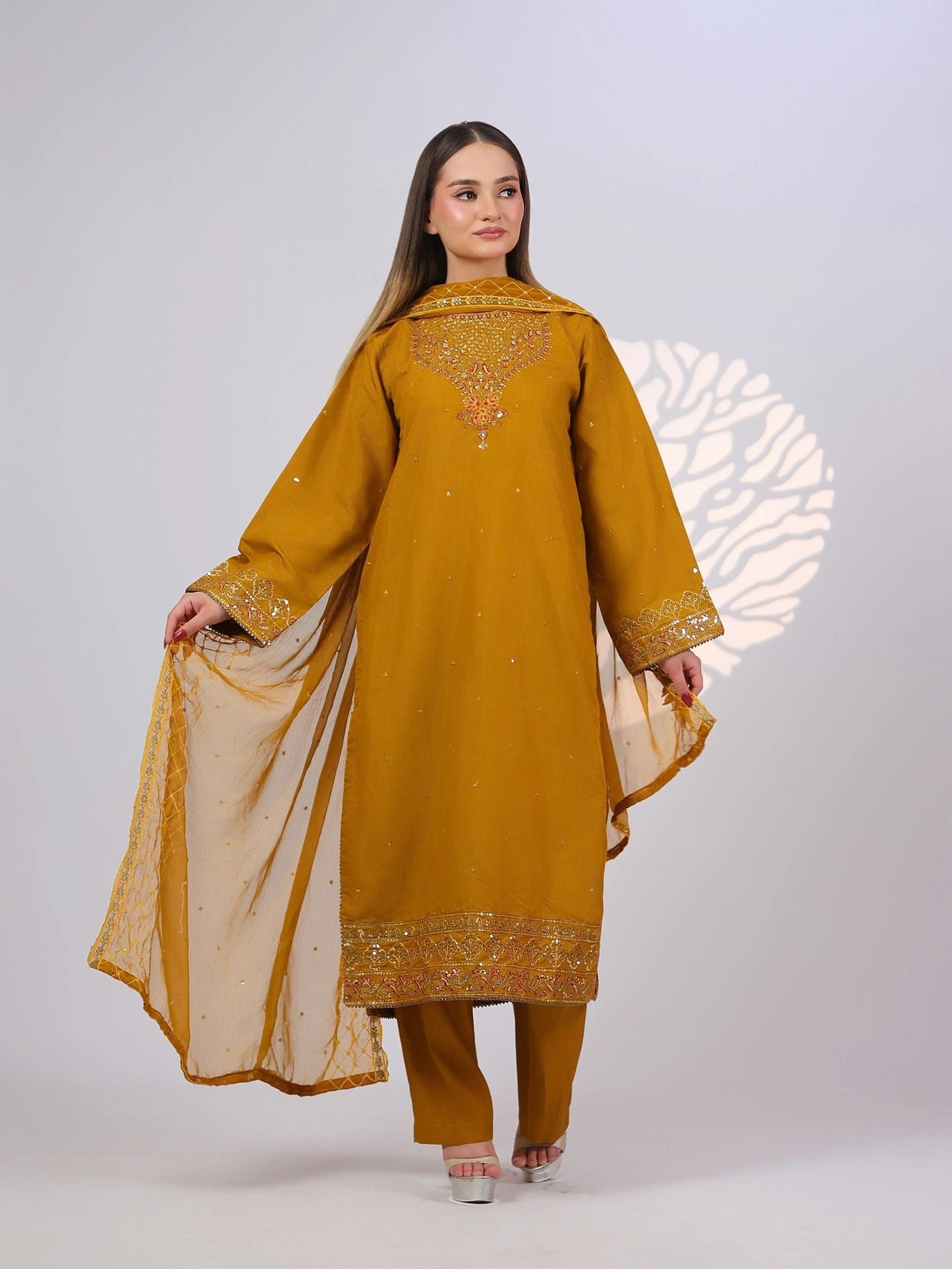 Yellow MAK Fashion Noor Luxe Raw Silk Embroidered Stitched 3-Piece Suit-Royal Mustard