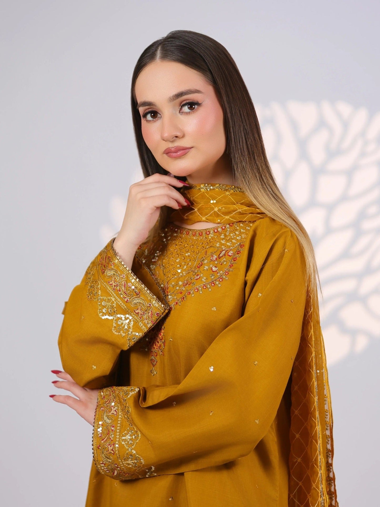 Yellow MAK Fashion Noor Luxe Raw Silk Embroidered Stitched 3-Piece Suit-Royal Mustard