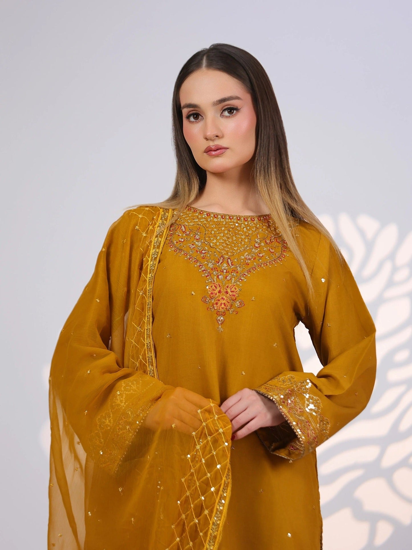Yellow MAK Fashion Noor Luxe Raw Silk Embroidered Stitched 3-Piece Suit-Royal Mustard