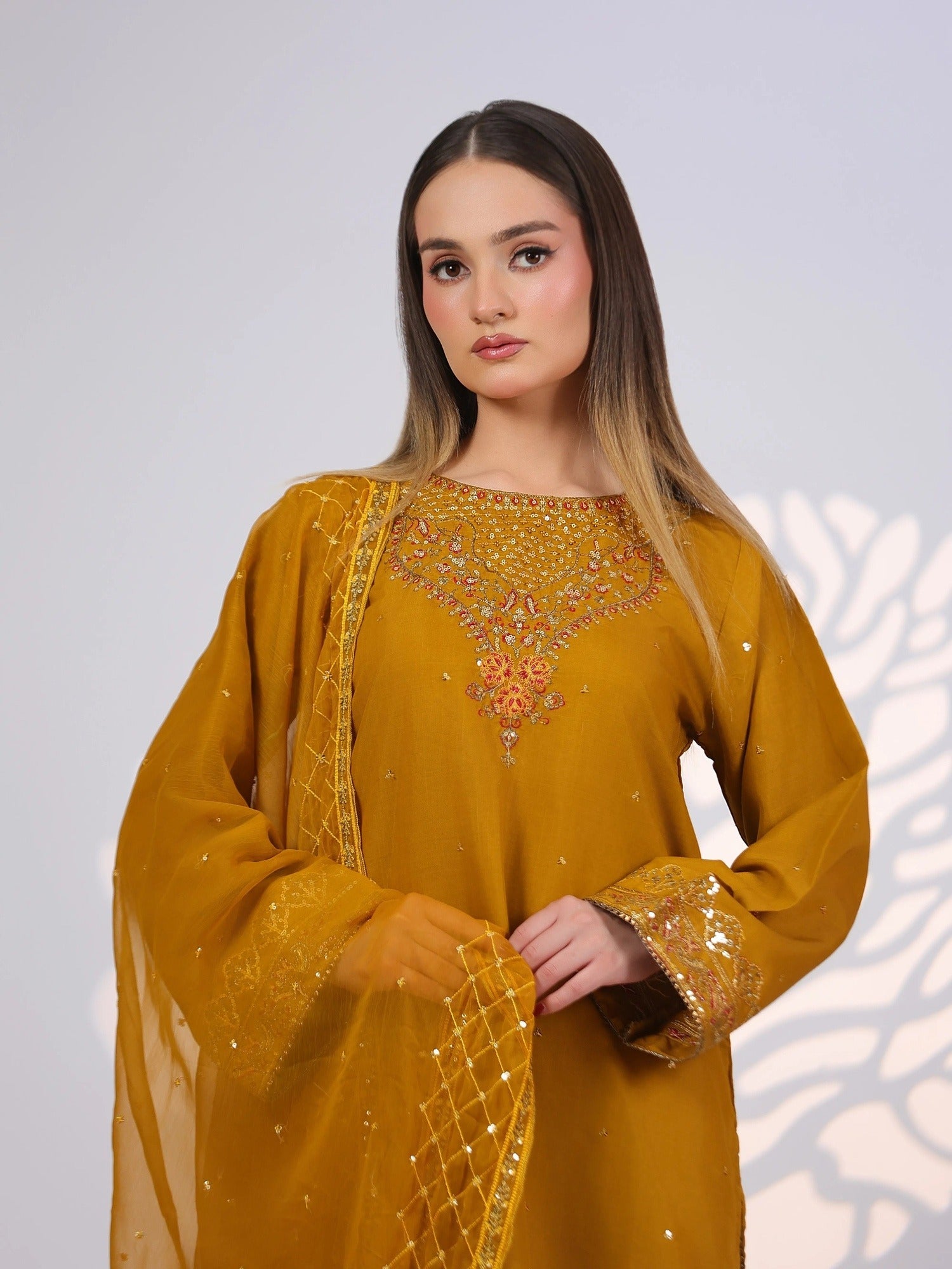 Yellow MAK Fashion Noor Luxe Raw Silk Embroidered Stitched 3-Piece Suit-Royal Mustard