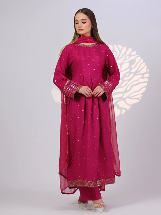 Pink MAK Fashion Noor Luxe Raw Silk Embroidered Stitched 3-Piece Suit-Royal Crimson